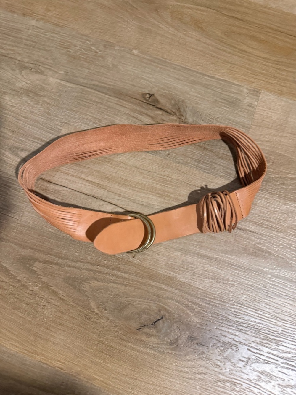 Anthropologie Cognac Leather Waist Belt with Double Gold Rings